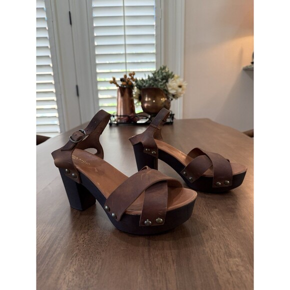 Mila Paoli Ostras Brown Leather Platform Block Heel Sandals Sz 40 Italian Made - Picture 1 of 10